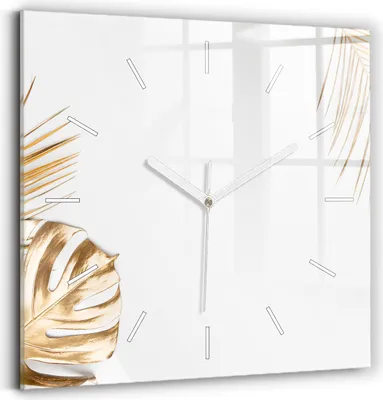 Produktbild von Wallfluent Wanduhr – Stilles Quarzuhrwerk - Uhr Dekoration Wohnzimmer Schlafzimmer Küche - Zifferblatt mit Striche - weiße Zeiger - 30x30 cm - Tropische Blätter