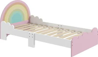 Image de ZONEKIZ Lit pour enfants de 3 à 6 ans 143 x 74 x 66 cm design arc-en-ciel - sommier à lattes inclus, rose, chambre moderne