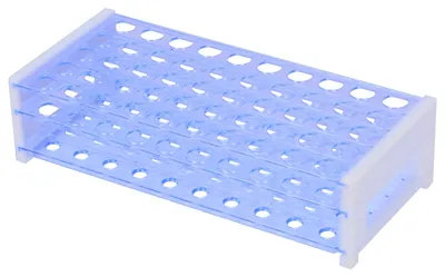 Zdjęcie produktu dla Pojemnik na probówki, trójwarstwowy, z możliwością demontażu, wykonany z niebieskiego plastiku, przeznaczony do 50 probówek