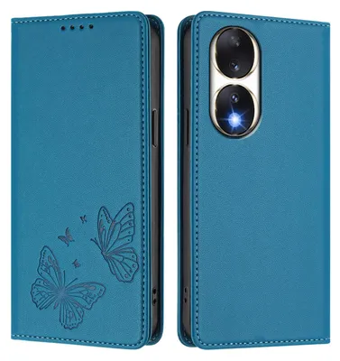 Image de Étui en cuir pour Honor 90, motif papillon, étui portefeuille à rabat avec support, bleu