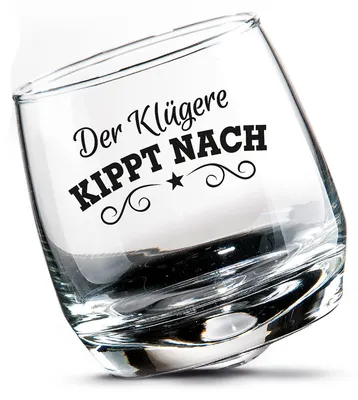 Imagen del producto de Conjunto de 2 unidades, vaso con base inestable, con inscripción, vaso de vidrio transparente, unidad de venta: 3, diámetro: 7,5 cm, altura: 8,50 cm, código: 46761
