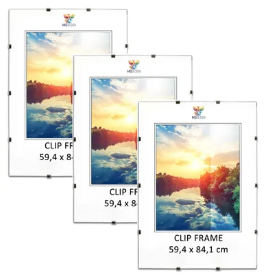 Produktbild von MG Design Cliprahmen Set 3 Stück A1 59,4x84,1 cm - rahmenlos mit Acrylglas & HDF-Rückwand, für Fotos/Poster/Puzzle, hoch/quer