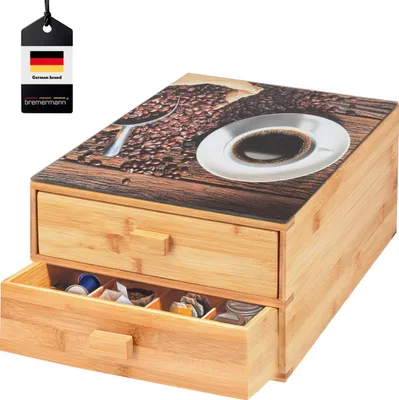Immagine prodotto di scatola per capsule di caffè bremermann in bambù con piastra decorativa in vetro | scatola per bustine di tè