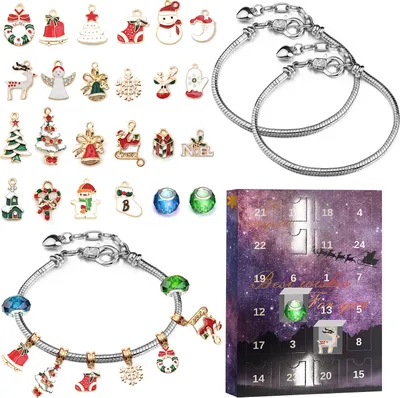 A collection of Christmas-themed charms and bracelets, along with a Christmas advent calendar.