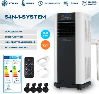 Produktbild von HOME DELUXE - Mobile Klimaanlage MOKLI XL - 9000 BTU/h (2.600 Watt) - Mobiles Klimagerät mit 5in1 System: kühlen, heizen, entfeuchten, lüften, Schlafmodus - inkl. Fensterabdichtung