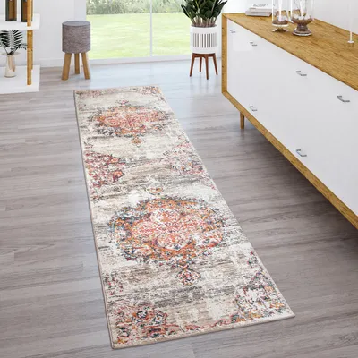 Immagine prodotto di Tappeto soggiorno a pelo corto vintage moderno stile orientale astratto beige grigio arancione dimensioni 80x150 cm