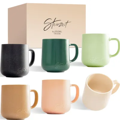 Produktbild von Steinzeit Design Kaffeetassen (6x350ml) - Kaffeebecher aus 100% Handfertigung - Tassen Set mit 6 einzigartigen Pastellfarben - Große Tasse 350ml für jedes Getränk geeignet