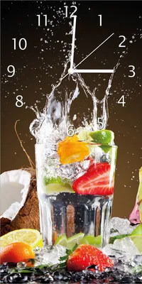 Produktbild von Wallario Design Wanduhr Tropische Früchte in einem erfrischenden Drink aus Echtglas, Größe 30 x 60 cm