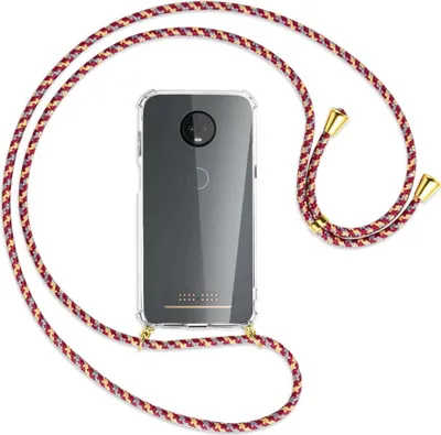 Produktbild von Handykette Backcover-Schutzhülle mit Band (Metall goldfarben) für Motorola Moto Z3 Play - weinrot/gelb/grau