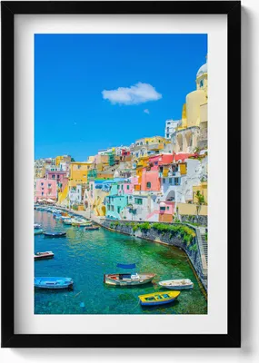 Produktbild von Stadt am Meer und Boote– Wandbild mit Rahmen – Gerahmtes Bild  – Wanddekoration – 40x60 cm –  Schwarz
