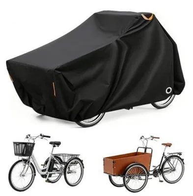 Immagine prodotto di Copertura impermeabile per cargo bike, realizzata in tessuto Oxford 420D, dimensioni 220x100x110 cm, con elementi riflettenti, occhielli per lucchetto e sacchetto inclusi