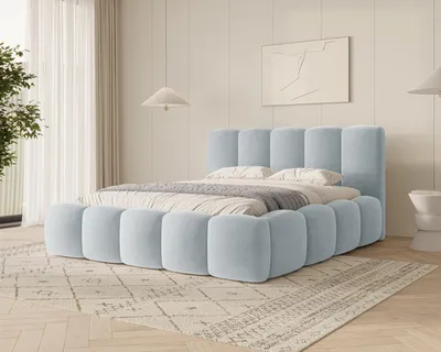 Produktbild von MOEBLO Polsterbett Bubble Bett 18 – Doppelbett Wolkenbett mit Riviera Samt-Velours, gepolstertem Kopfteil, Bettkasten, Gasfedermechanismus und Lattenrost - 180x200 cm - Hellblau (Riviera 70)