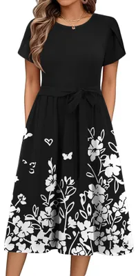 Produktbild von Sommerkleid M, Blumen, kurze Ärmel, Rundhalsausschnitt, Midi A-Linie, hohe Taille, Taschen, Strandkleid