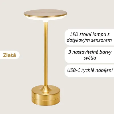 Obrázek produktu pro LED stolní lampa s dotykovým senzorem – 3 úrovně barevného světla, stmívatelná – USB dobíjecí & bezdrátová – Moderní noční lampička – Zlatá