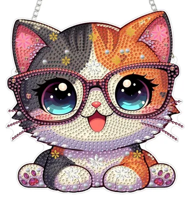 Immagine prodotto di Set per creare ciondoli "Diamond Painting" a forma di gatto con occhiali, ideale per decorazioni e progetti creativi per adulti