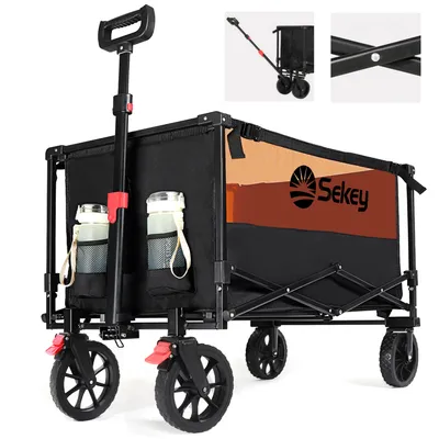 A black and orange folding wagon with two water bottles in side pockets, shown on a white background. Inset images show the wagon's handle and frame.