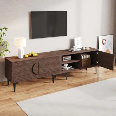 Produktbild von STILVORA TV-Schrank mit 2 Schränke, TV-Ständer für das Wohnzimmer, Passend für 80 Zoll Fernsehe, mit offene Ablagefächer, Dunkel walnussfarben, 180×35×49cm