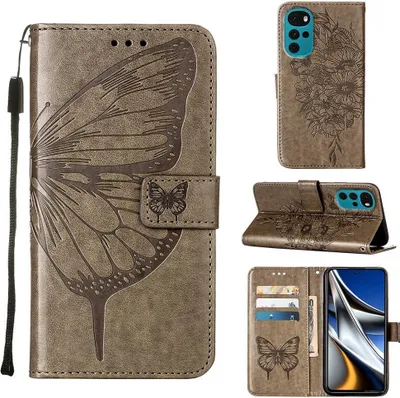 Produktbild von Moto G22 Hülle, Schmetterling Prägung Flip Leder Kartenfächer Schutzhülle Ledertasche mit Ständer für Motorola Moto G22 Grau