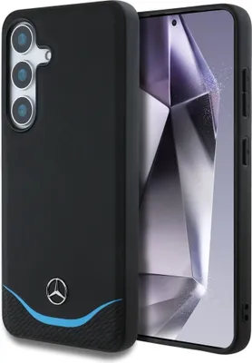 A black phone case with a blue accent and the Mercedes-Benz logo is shown next to a smartphone.