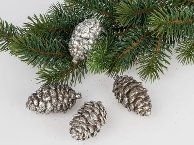 Produktbild von 4er Set Deko Zapfen silber Glitzer 7cm Kunststein Tischdeko Winterzeit Formano
