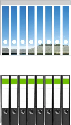 Produktbild von Wallario 8 Stück schmale Ordner inkl. Klebeetiketten mit Motive Grüne Hügel am Wasser -  Set mit Rückenschildern / Ordnerrücken Stickern
