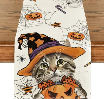 Productafbeelding van Halloween tafelkleed met pompoenen en katten, decoratief, wit, 40x300 cm