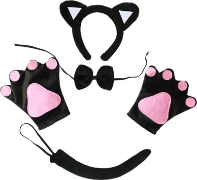 Produktbild von 10-teiliges Katzenkostüm-Set, Katzenohren-Stirnband, Katzenfliege, Katzenschwanz, Katzenpfoten-Handschuhe für Halloween-Kostüm, Party-Dekoration