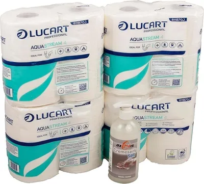 Produktbild von Axis Line Set - LUCART AQUASTREAM - Selbstauflösendes Toilettenpapier + flüssigseife Cremeseife Soft 500ml (4 Pack a 4 Rollen)