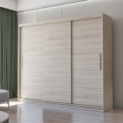 Schwebetürenschrank Kleiderschrank Schrank 250cm Sonoma Eiche /Sonoma Eiche ohne Siegel und LED-Beleuchtung  Alba