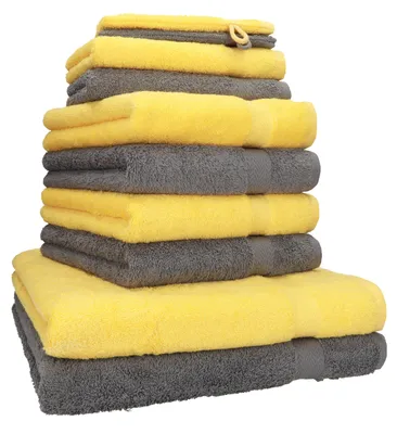 Produktbild von Betz 10-tlg. Handtuch-Set PREMIUM 2 Duschtücher 4 Handtücher 2 Gästetücher 2 Waschhandschuhe  Farbe:  anthrazit und gelb