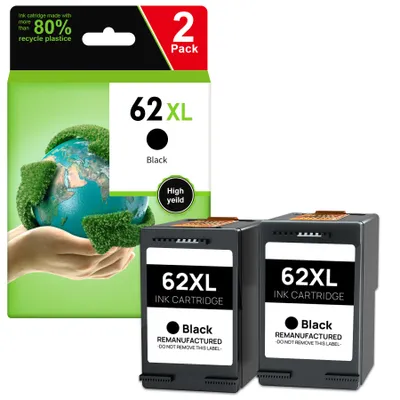 A product shot of two black ink cartridges and their packaging, featuring an image of the Earth covered in greenery.