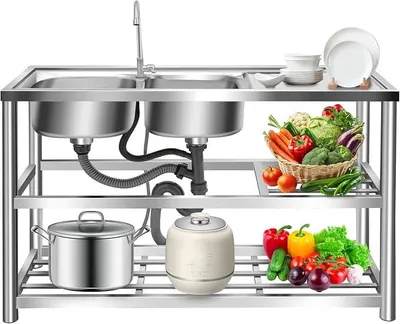Produktbild von Freistehende Edelstahl Spültisch 2 Becken Mit 360° Armatur, 120×45 ×80 cm | 40 cm Abtropffläche, Stahlablauf Mit Siebkorb, Bis 100 Kg Belastbar, KüchenspüLe Für Restaurants Wäschereien