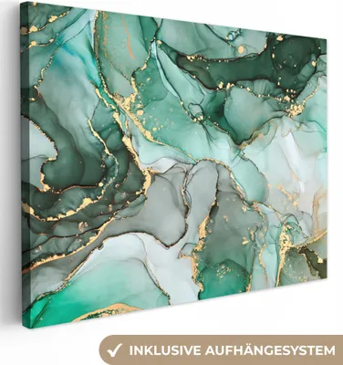 Produktbild von MuchoWow® - Leinwandbilder - Gold - Marmor - Grün - Luxus - Marmoroptik - Grau, Wandbild, Wanddeko Bilder Wohnzimmer, 80x60 cm