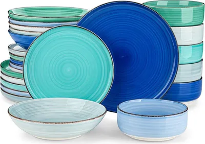 Produktbild von Geschirrset 6 Personen blaue Serie 24tlg Tafelservice Steingut modern