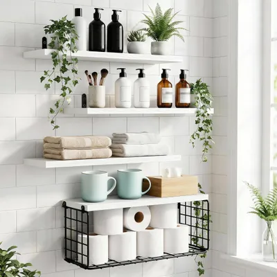 Productafbeelding van Wandplank set van 4, hout en metaal, wit, voor woonkamer