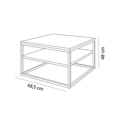 A line drawing of a square coffee table with two shelves, with dimensions indicated.