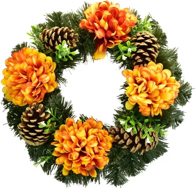 Produktbild von Herbstkranz mit orangefarbenen Chrysanthemen Ø30 cm