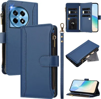 Image de Etui pour OnePlus 12, zippé, portefeuille Etui à rabat en cuirPolyuréthaneavec poches pour cartes, support et dragonne bleu