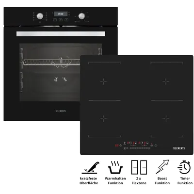 Produktbild von KB ELEMENTS Sparset, Einbauherd Set, Herdset, Kratzfestes Induktionskochfeld 60cm, Einbaubackofen 60cm, 9 x Funktionen, AQUA CLEAN, ELK75EV2/111AS