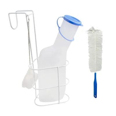 Produktbild von Medi-Inn Urinflasche PP 1000 ml für Männer milchig + Betthalter + Reinigungsbürste
