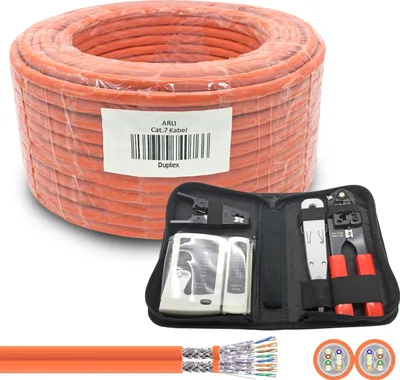 Produktbild von ARLI Cat7 Verlegekabel Duplex 100m Netzwerkkabel + Werkzeug Set Crimpzange + LSA + Tester + Messer