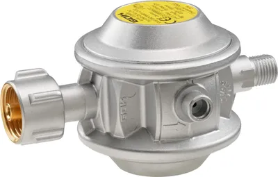 Produktbild von GOK Caramatic BasicOne EN61 – Gasdruckregler 30 mbar 0,8 kg/h, 90°-Abgang platzsparend, mit Überdrucksicherung PRV, Shell-F-Anschluss für französische Gasflaschen