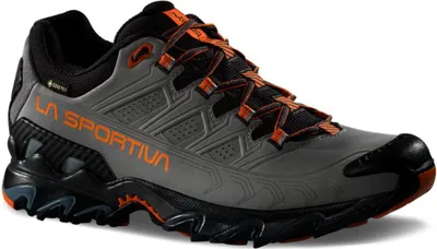 Grauer La Sportiva Ultra Raptor II Leather GTX Schuh mit schwarzen und orangefarbenen Details und Schnürsenkeln
