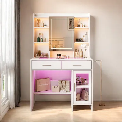 Produktbild von ProximaX Schminktisch mit Spiegel, Schublade, Stauraum und verstellbarer LED-Beleuchtung, Steckdose und Haartrocknerhalter – 89,8×40×145 cm für Schlafzimmer & Ankleidezimmer