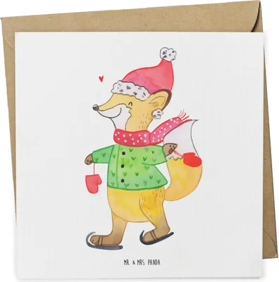 Produktbild von Mr. & Mrs. Panda Klappkarte Fuchs  Schlittschuhe - Weiß - Geschenk, Weihnachtsmann, Weihnachten, anlasskarte, Grußkarte, Tannenbaum, Glückwunschkarte, faltkarte