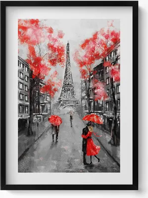 Produktbild von Paris - Eiffelturm und rote Regenschirme– Wandbild mit Rahmen – Gerahmtes Bild  – Wanddekoration – 50x70 cm –  Schwarz Rahmen
