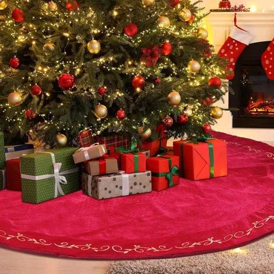 Productafbeelding van Fluwelen kerstboomrok, gouden kerstboomrok, landelijke kerstdecoratie (rood)