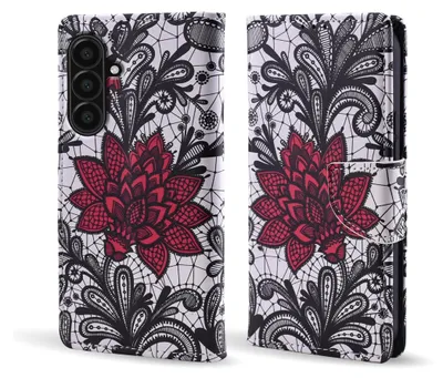 A flip-style phone case with a floral lace pattern.