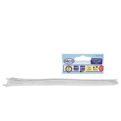 Obrázok produktu pre alca® káblové pásky 4,6*450 mm 50 ks biele 22 kg pevnosť v ťahu odolné voči UV žiareniu na vnútorné a vonkajšie upevnenie káblov nylon odolný voči teplote