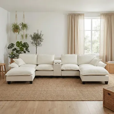 Produktbild von U-förmiges modulares Cloudsofa, Segelboot-Design, Becherhalter, Stauraum, USB, zwei Ottomane + 2 Kissen, Chenille-Bezug, Beige